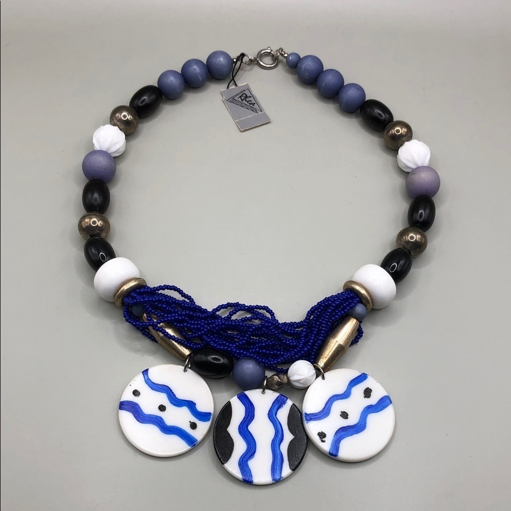 Vintage Rhea whimsy statement beaded necklace new old stock funky art to wear.